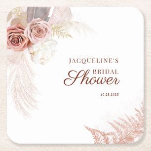 Pampas Grass Script Terracotta Tan Bridal Shower Square Paper Coaster