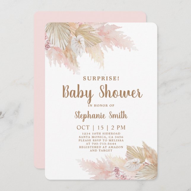 Pampas Grass Surprise Baby Shower Girl Invitation (Front/Back)