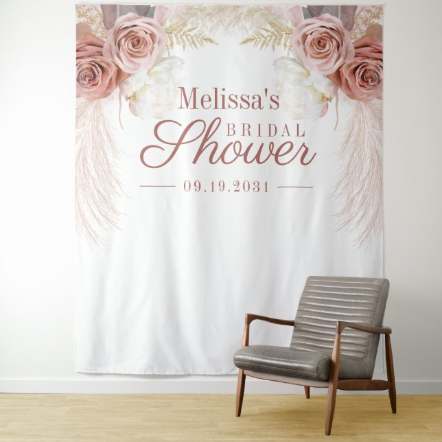 Pampas Grass Tan Bridal Shower Backdrop Tapestry (In Situ)