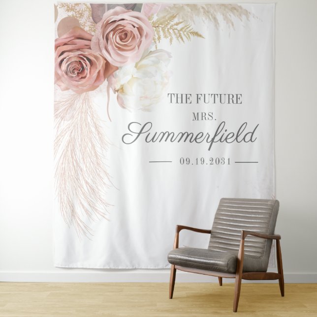 Pampas Grass Tan Bridal Shower Photobooth Tapestry (In Situ)