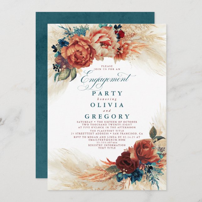 Pampas Grass Teal Blue Terracotta Engagement Party Invitation (Front/Back)