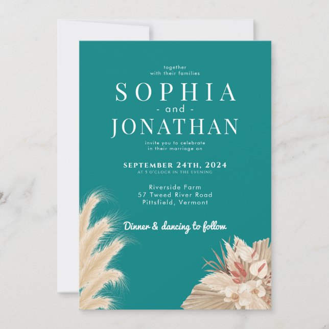 Pampas Grass Teal Green Blue Wedding Modern Chic Invitation (Front)