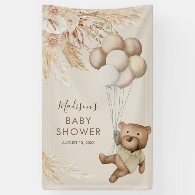 Pampas Grass Teddy Bear Baby Shower Banner (Vertical)