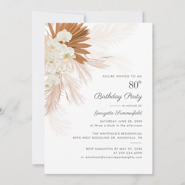 Pampas Grass Terracotta 80th Birthday Party Invitation (Front)