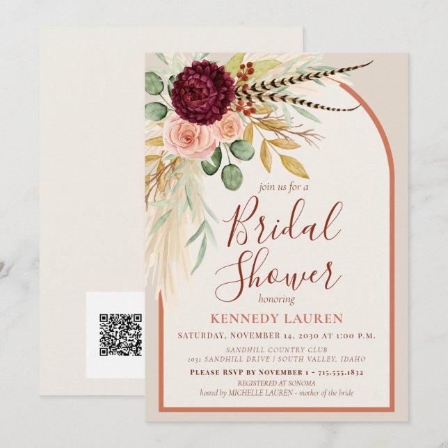 Pampas Grass Terracotta Arch Bridal Shower QR Code Invitation (Front/Back)