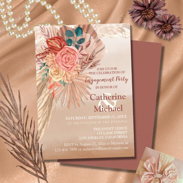 Pampas Grass Terracotta Boho Chic Engagement Party Invitation (Creator Uploaded)