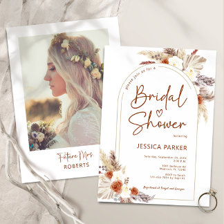 Pampas Grass Terracotta Boho Photo Bridal Shower Invitation