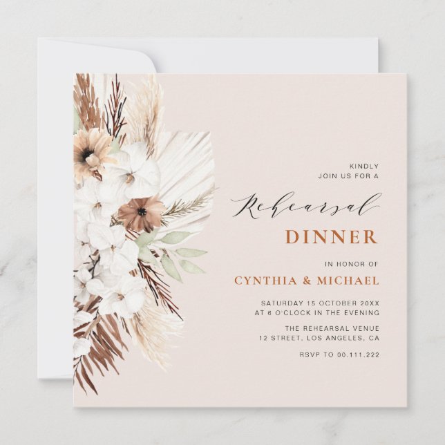  pampas grass terracotta boho rehearsal dinner invitation (Front)