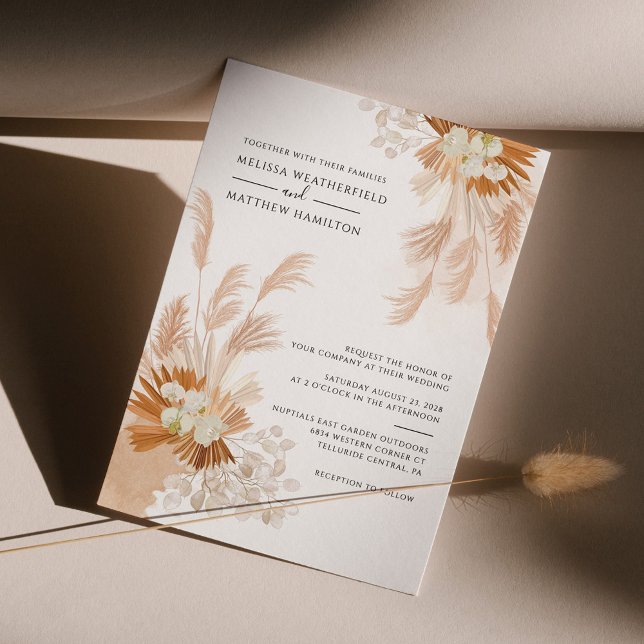 Pampas Grass Terracotta Botanical Dried Palms Invitation (Pampas Grass Elegant Fall Wedding Invitation)