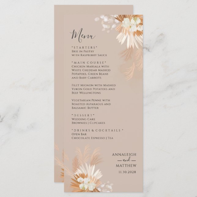 Pampas Grass Terracotta Botanical Wedding Menu (Front/Back)