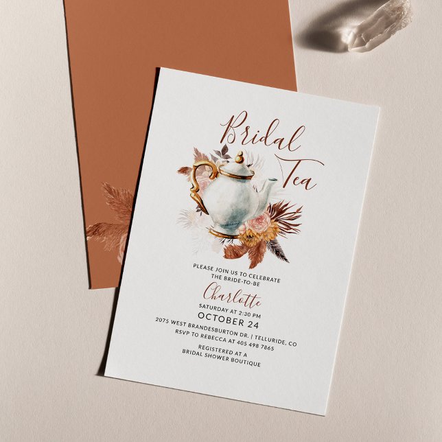 Pampas Grass Terracotta Bridal Tea Party Shower In Card (Pampas Grass Tea Party Bridal Shower Invitation)