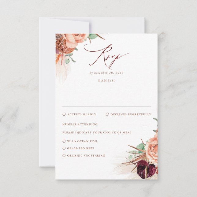 Pampas Grass Terracotta Burgundy Red Wedding RSVP Card (Front)