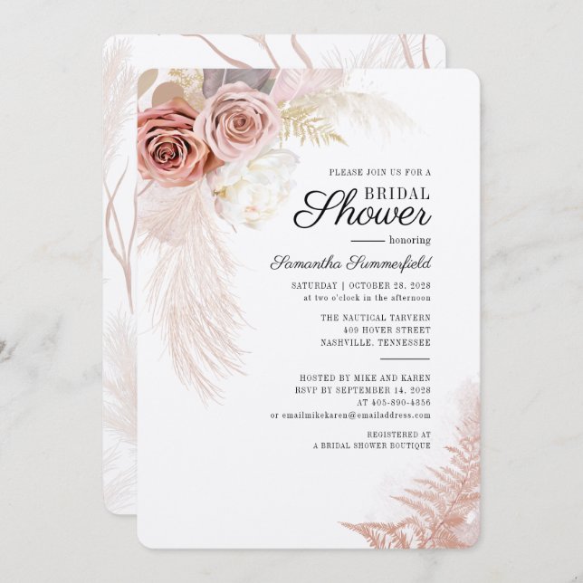 Pampas Grass Terracotta Floral Bridal Shower Invitation (Front/Back)