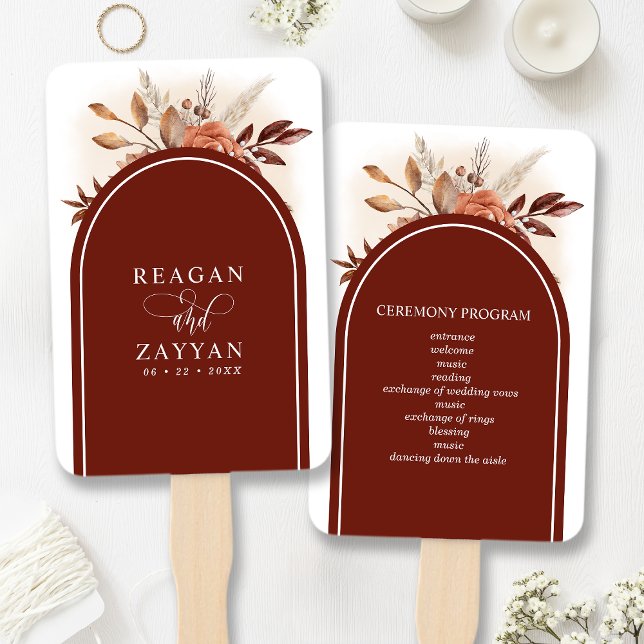 Pampas Grass Terracotta Floral Wedding Program Hand Fan (Creator Uploaded)