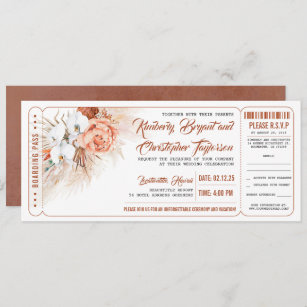 Pampas Grass Terracotta Floral Wedding Ticket Invitation