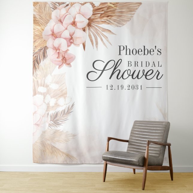 Pampas Grass Terracotta Pink Floral Backdrop Tapestry (In Situ)