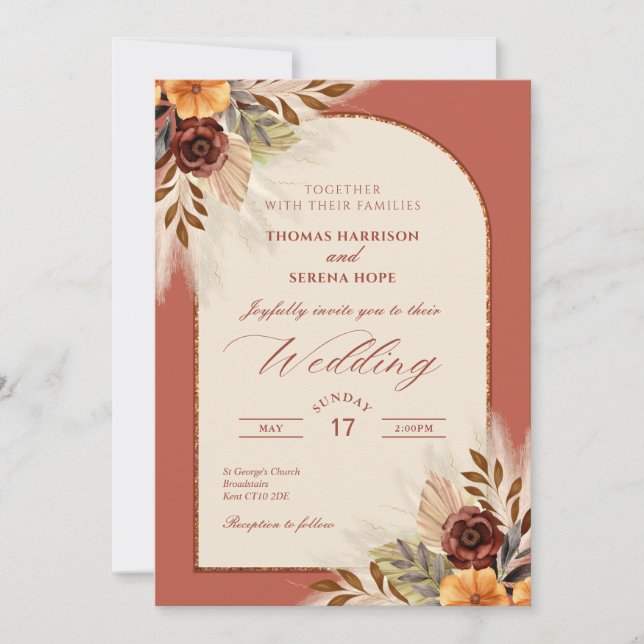 Pampas Grass Terracotta Rust Arch Wedding  Invitation (Front)