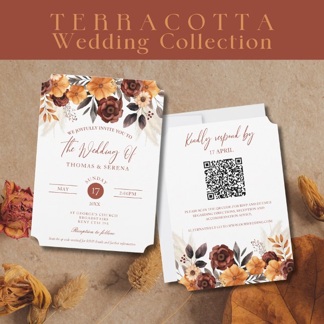 Pampas Grass Terracotta Rust Fall QR Code Wedding Invitation (Creator Uploaded)