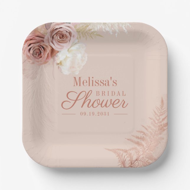 Pampas Grass Terracotta Script Blush Bridal Shower Paper Plate (Front)