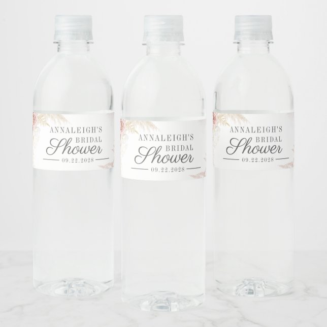 Pampas Grass Terracotta Script Bridal Shower Water Bottle Label (Bottles)