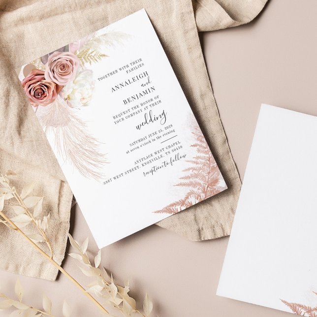 Pampas Grass Terracotta Tan Floral Blush Wedding Invitation (Pampas Grass Script Wedding Invitation)