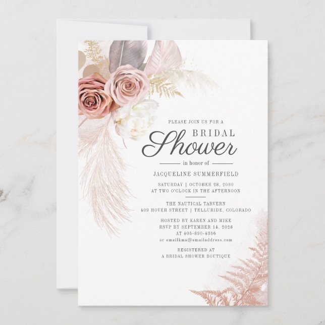 Pampas Grass Terracotta Tan Floral Bridal Shower Invitation (Front)