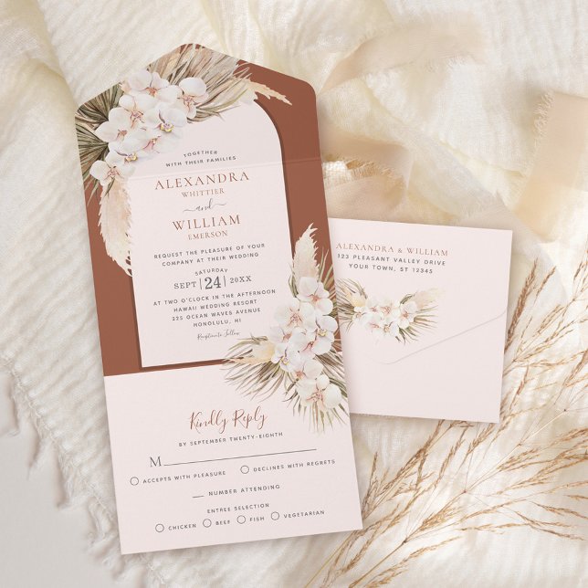 Pampas Grass Terracotta Tropical Orchids Wedding All In One Invitation (Creator Uploaded)