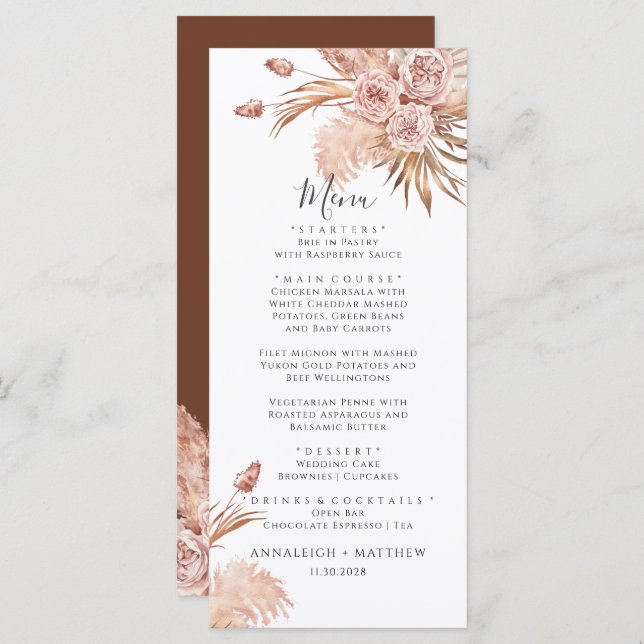 Pampas Grass Terracotta Watercolor Wedding Menu (Front/Back)
