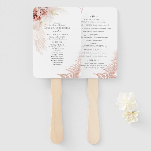  Pampas Grass Terracotta Wedding Ceremony Program Hand Fan (Front and Back)