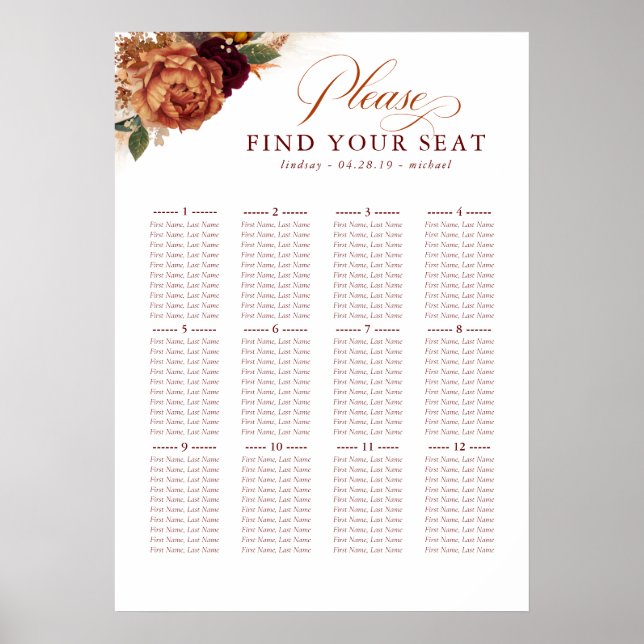 Pampas Grass Terracotta Wedding Seating Chart (Front)