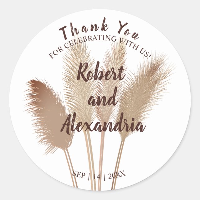 Pampas Grass Thank You for Coming Wedding Classic Round Sticker (Front)
