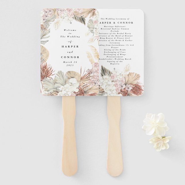 Pampas Grass Tropical Jungle Wedding Program Hand Fan (Front and Back)