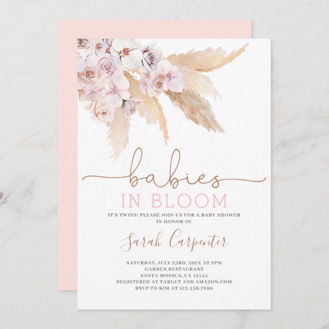 Pampas Grass Twin Girls Baby Shower Invitation (Front/Back)