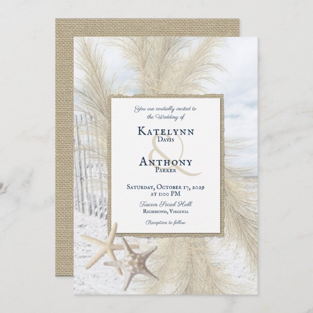 Pampas Grass Vintage Beach Wedding Invitation (Front/Back)