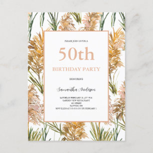 Pampas Grass Watercolor 50th Birthday  Invitation Postcard