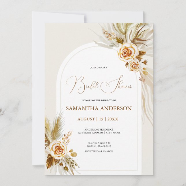 Pampas grass watercolor boho Bridal Shower Invitation (Front)