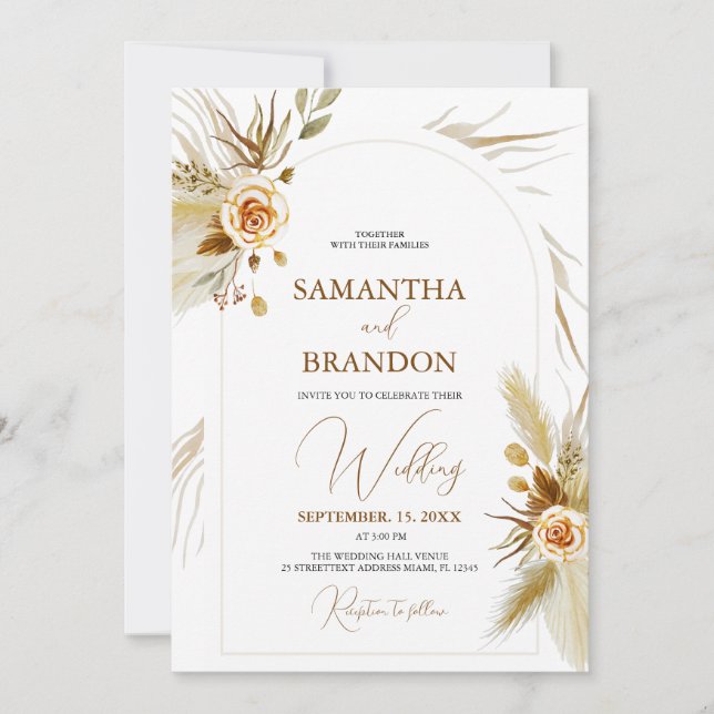 Pampas grass watercolor boho elegant wedding invitation (Front)