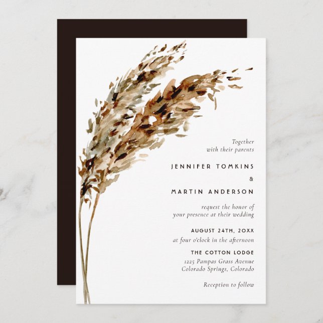Pampas Grass Watercolor Boho Wedding Invitation (Front/Back)