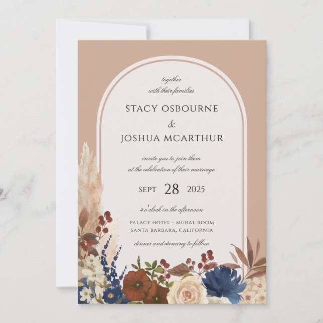 Pampas Grass Watercolor Floral Boho Wedding Invitation (Front)