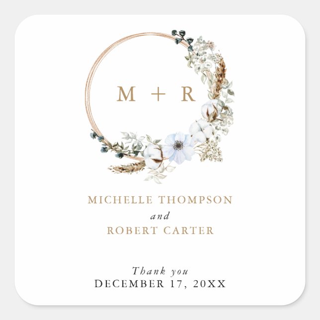 Pampas Grass Wedding Boho Terracotta Monogram Chic Square Sticker (Front)