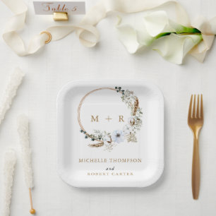 Pampas Grass Wedding Boho Terracotta Monogram  Paper Plate