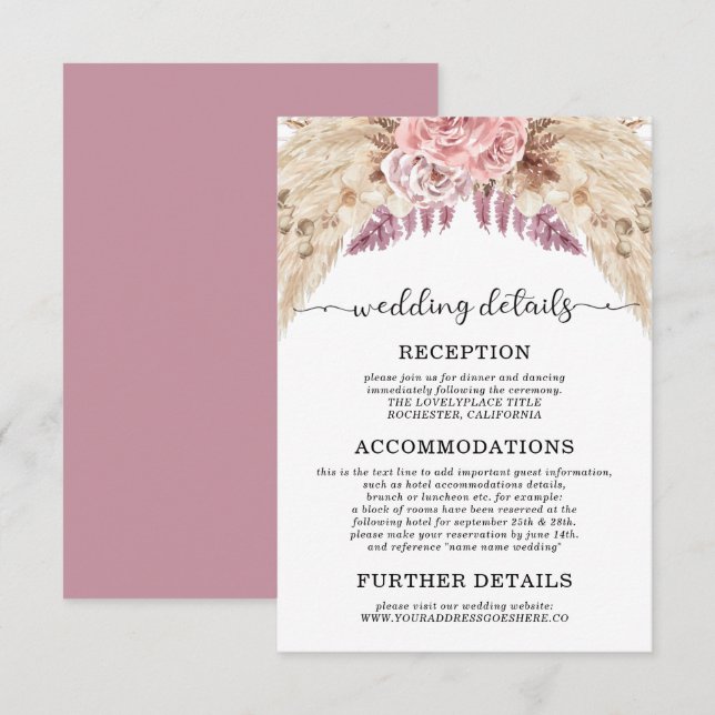 Pampas Grass Wedding Details Accommodations Invitation (Front/Back)