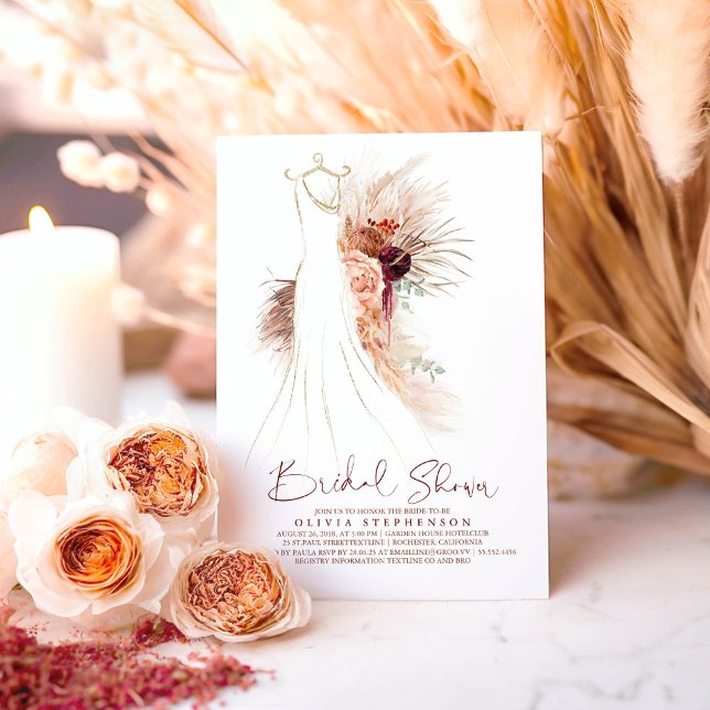 Pampas Grass Wedding Gown Terracotta Bridal Shower Invitation (Terracotta Floral Dress Bridal Shower Invitations for Boho Party)