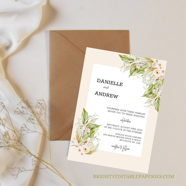pampas grass wedding  invitation (Set the tone for a chic and stylish wedding with our tropical pampas grass invitation.)