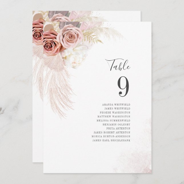 Pampas Grass Wedding Table Number Card (Front/Back)