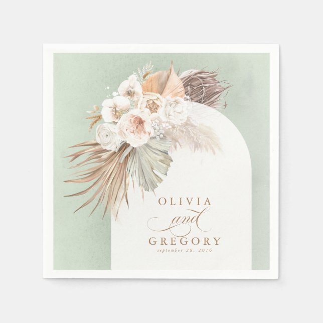 Pampas Grass White Floral Boho Wedding Napkin (Front)
