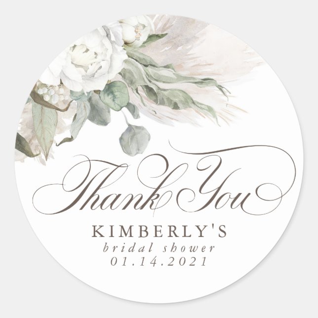 Pampas Grass White Floral Thank You Classic Round Sticker (Front)