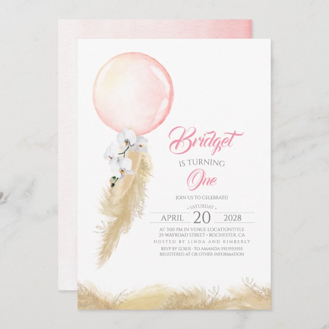 Pampas Grass White Orchids Balloon Exotic Birthday Invitation (Front/Back)