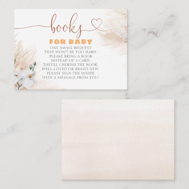 Pampas Grass White Orchids Boho Baby Shower Books Enclosure Card (Front/Back)
