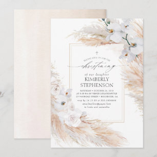 Pampas Grass White Orchids Tropical Christening Invitation
